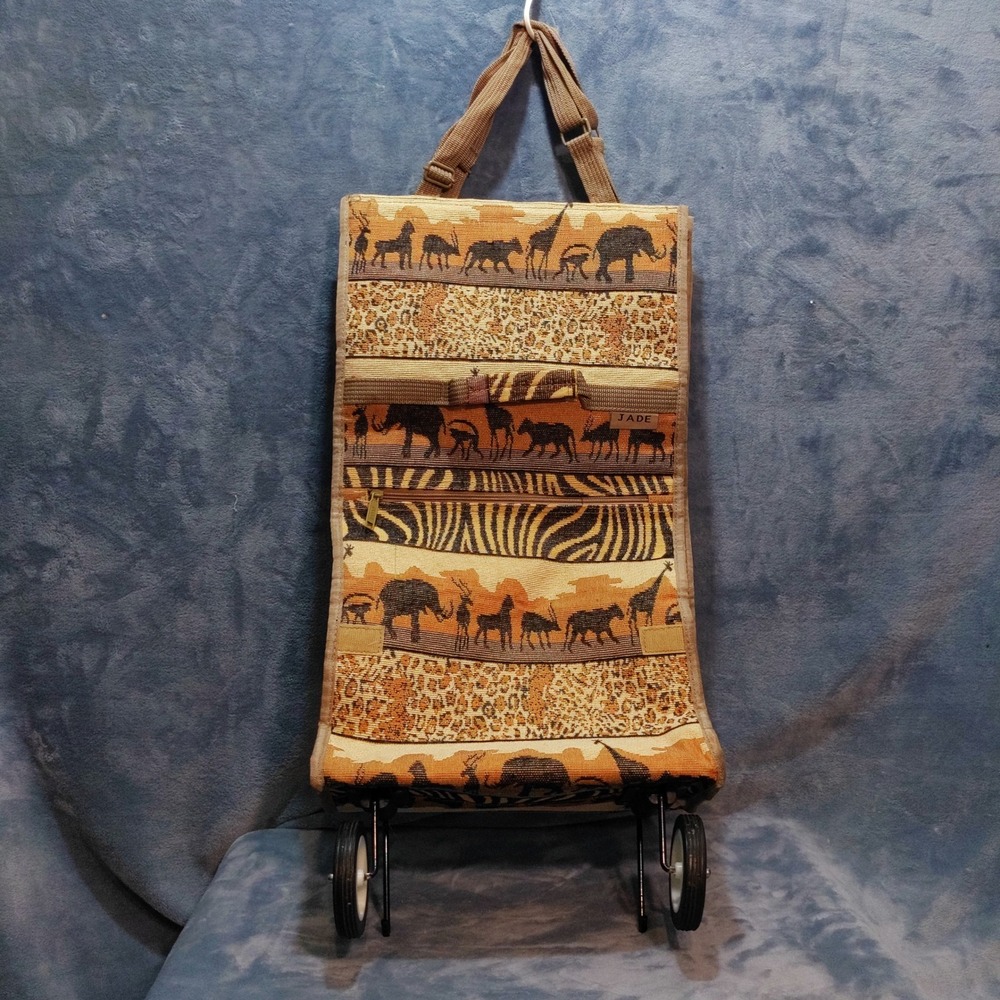 Vtg Jade Safari Animal Tapestry Rolling Shopping Bag Foldable Utility Tote Wheel